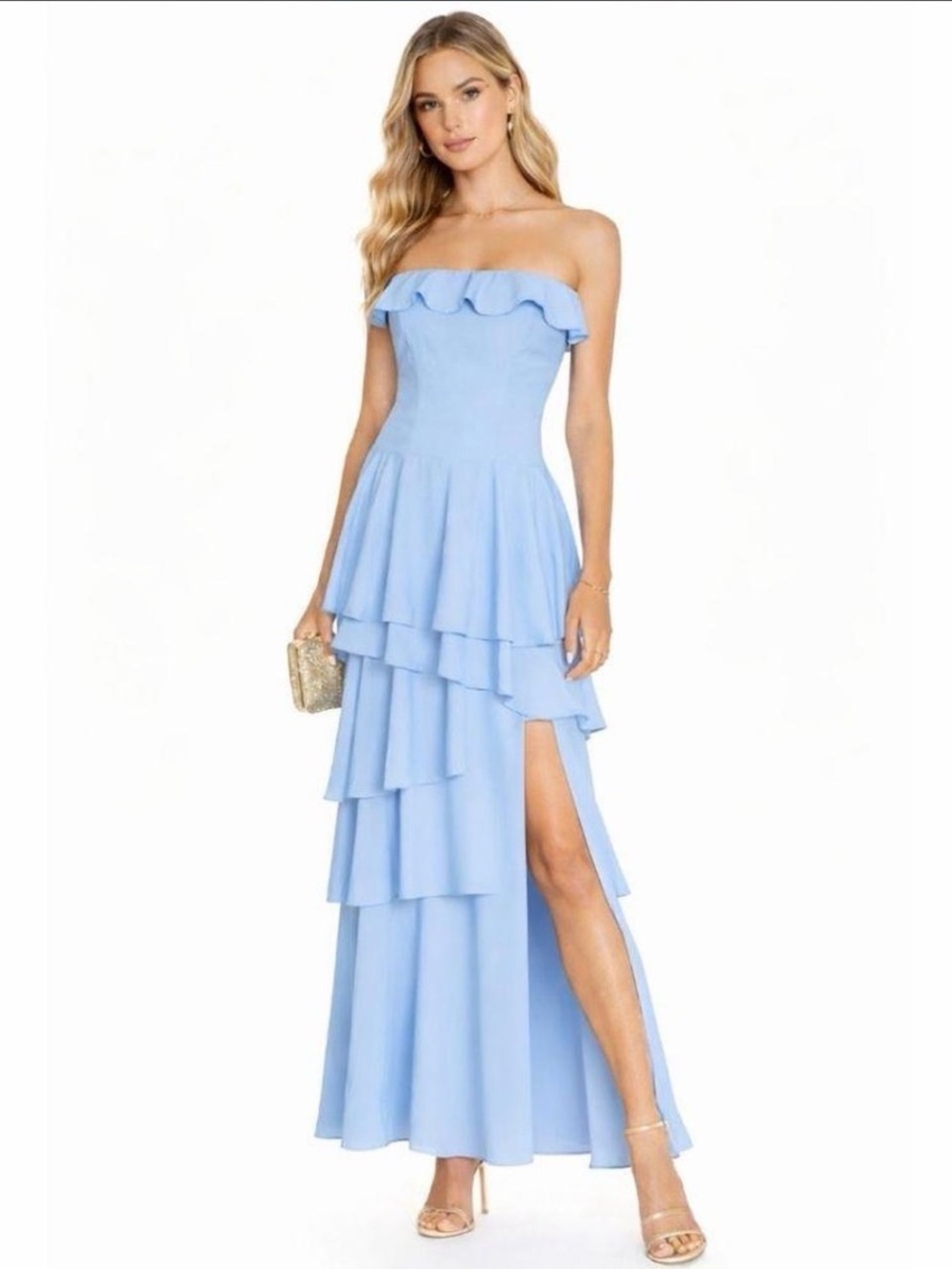 NWT - 14- Oh Polly Strapless Ruffle Tiered Dress in Light Blue